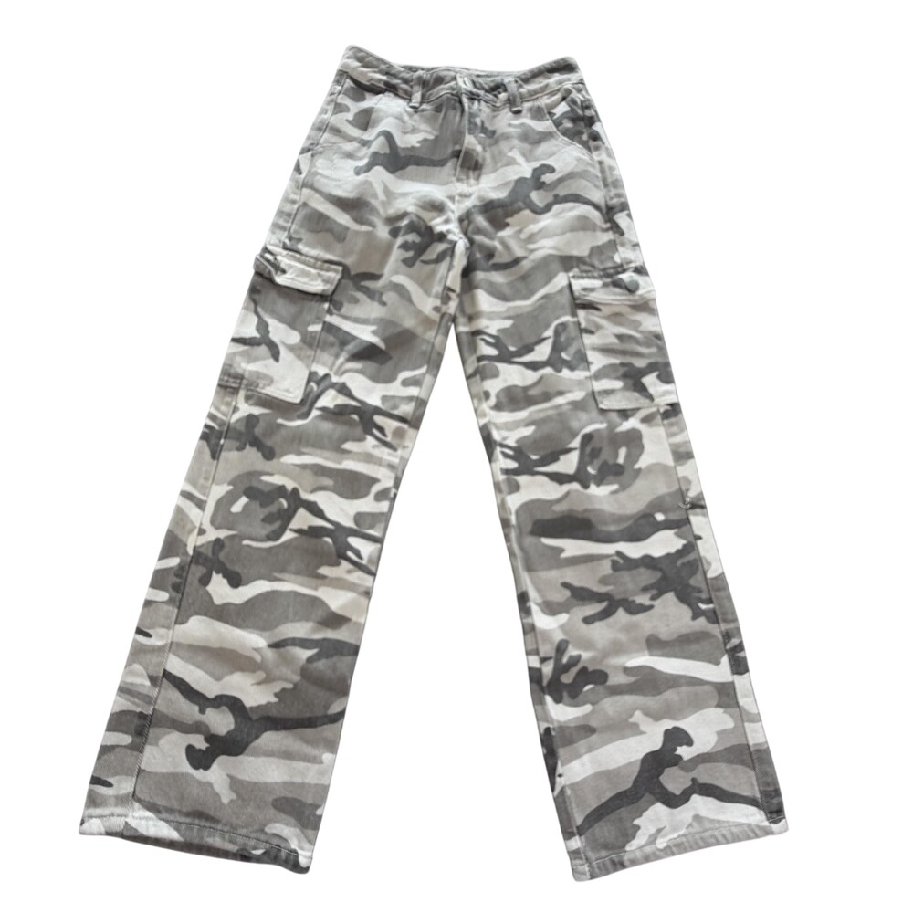 Camo Cargo Pants Womens Petite XS Gray Twill Straight Leg Pockets Casual Army